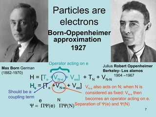 7
Particles are
electrons
Born-Oppenheimer
approximation
1927
Max Born German
(1882-1970)
Julius Robert Oppenheimer
Berkeley- Los alamos
1904 –1967
HH = [Te +VN-e + Vee] + TN + VN-N
HHee = [Te +VN-e + Vee]
Ψ = ΠΨ(e) ΠΨ(Ν)
e N
VN-e also acts on N; when N is
considered as fixed: VN-e then
becomes an operator acting on e.
Separation of Ψ(e) and Ψ(N)
Should be a
coupling term
}Operator acting on e
 
