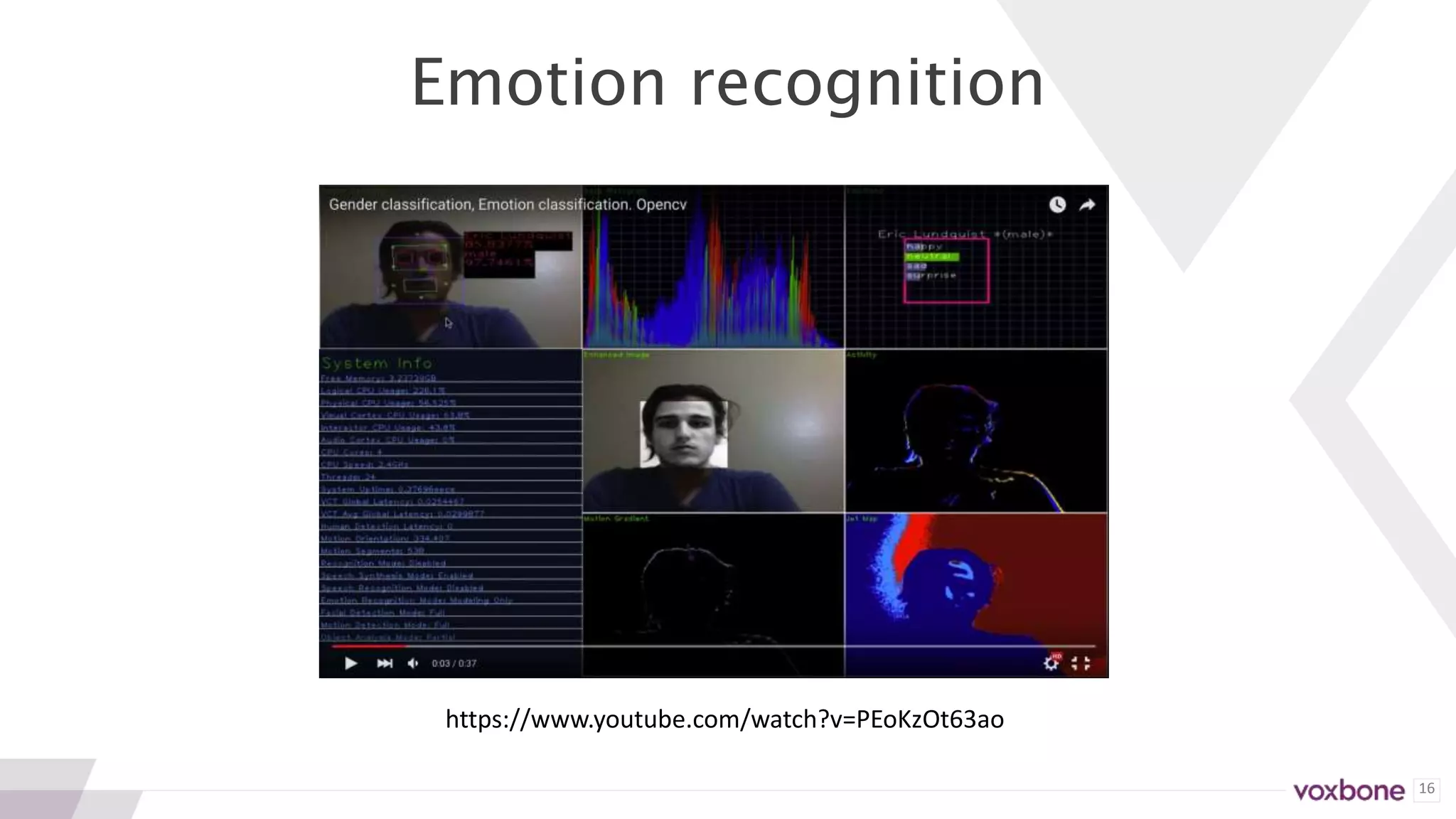 16
Emotion recognition
https://www.youtube.com/watch?v=PEoKzOt63ao
 