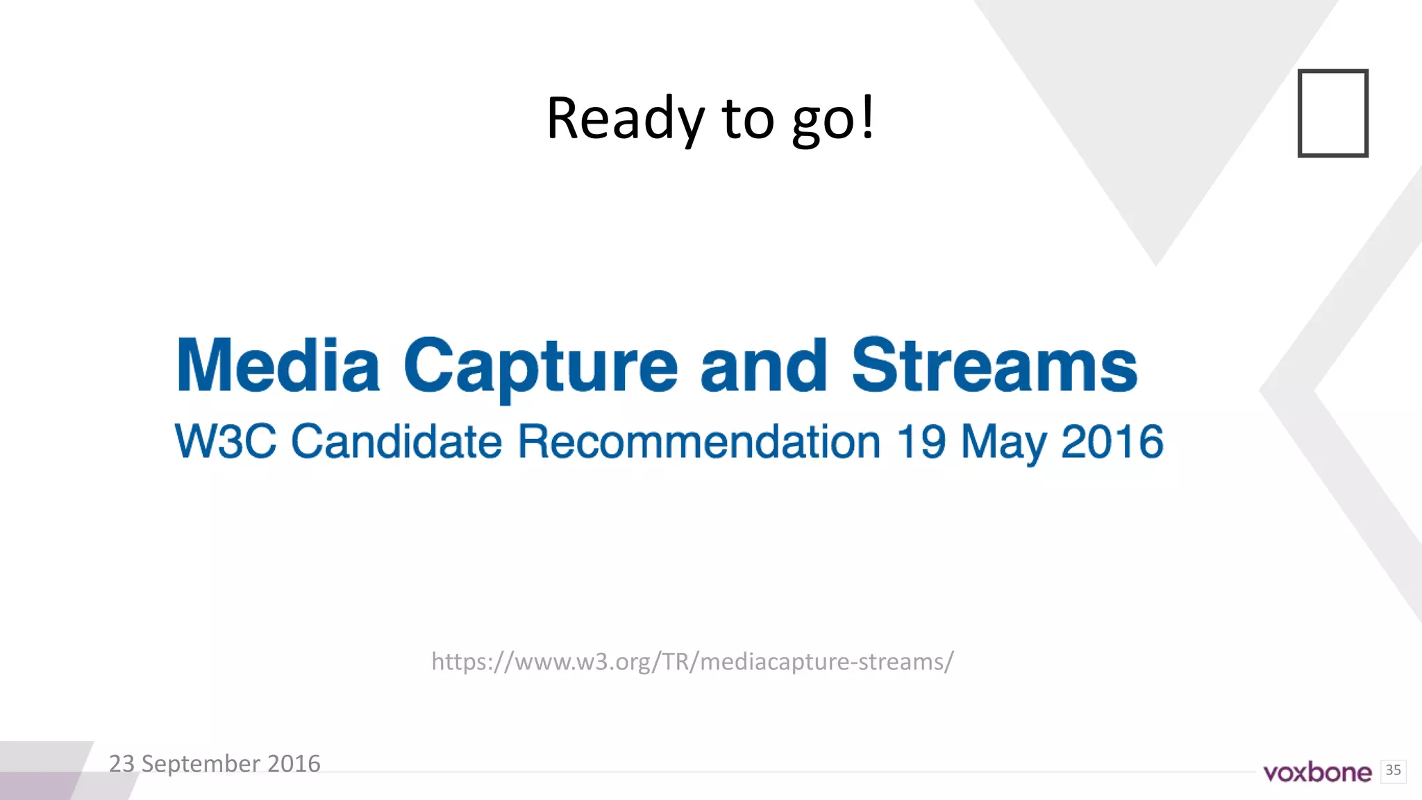 35
🙂
23 September 2016
https://www.w3.org/TR/mediacapture-streams/
Ready to go!
 