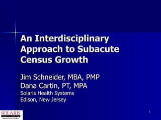 An Interdisciplinary Approach to Subacute Census Growth Jim Schneider, MBA, PMP Dana Cartin, PT, MPA Solaris Health Systems Edison, New Jersey 