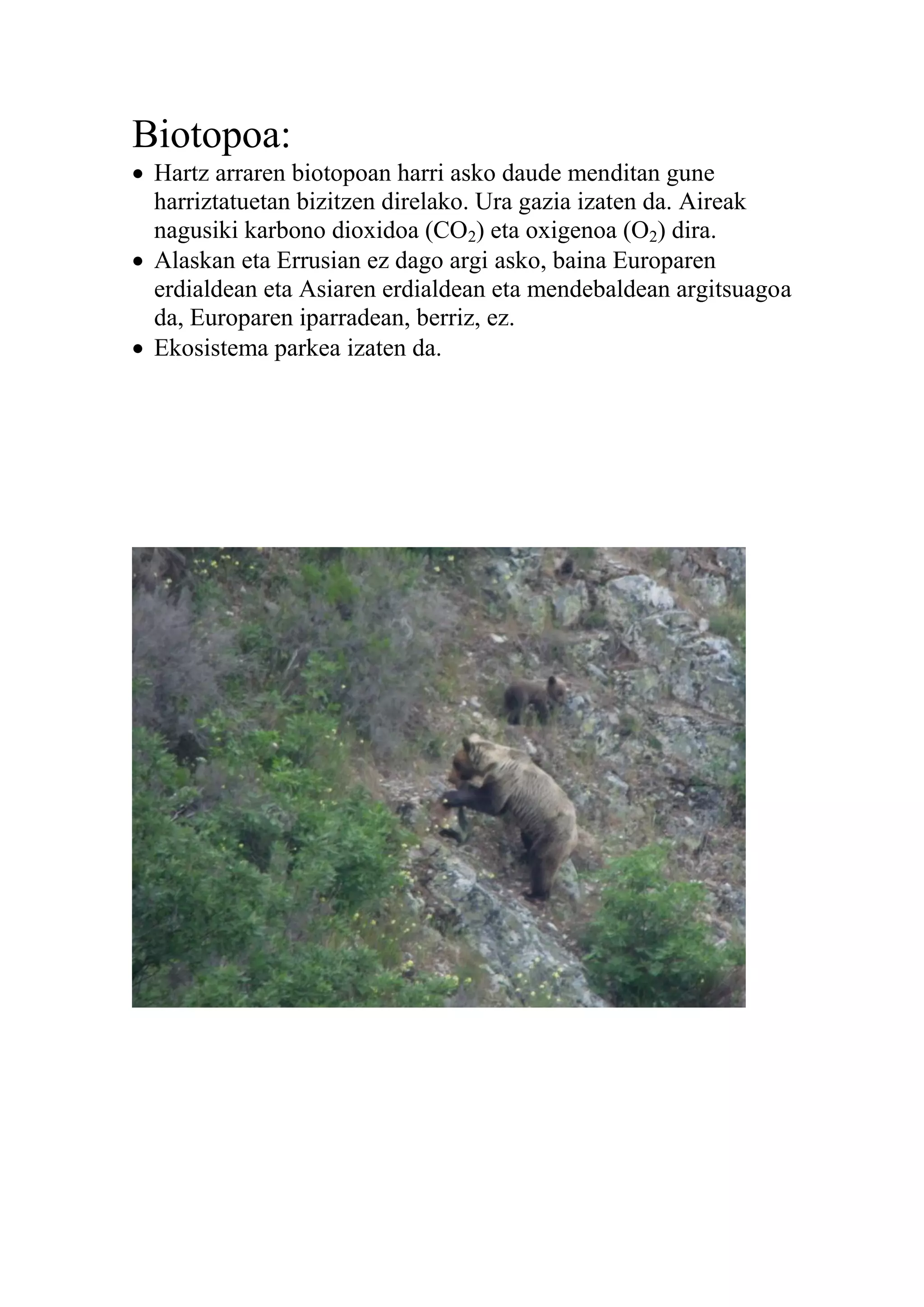 Biotopoa:
 Hartz arraren biotopoan harri asko daude menditan gune
harriztatuetan bizitzen direlako. Ura gazia izaten da. Aireak
nagusiki karbono dioxidoa (CO2) eta oxigenoa (O2) dira.
 Alaskan eta Errusian ez dago argi asko, baina Europaren
erdialdean eta Asiaren erdialdean eta mendebaldean argitsuagoa
da, Europaren iparradean, berriz, ez.
 Ekosistema parkea izaten da.
 