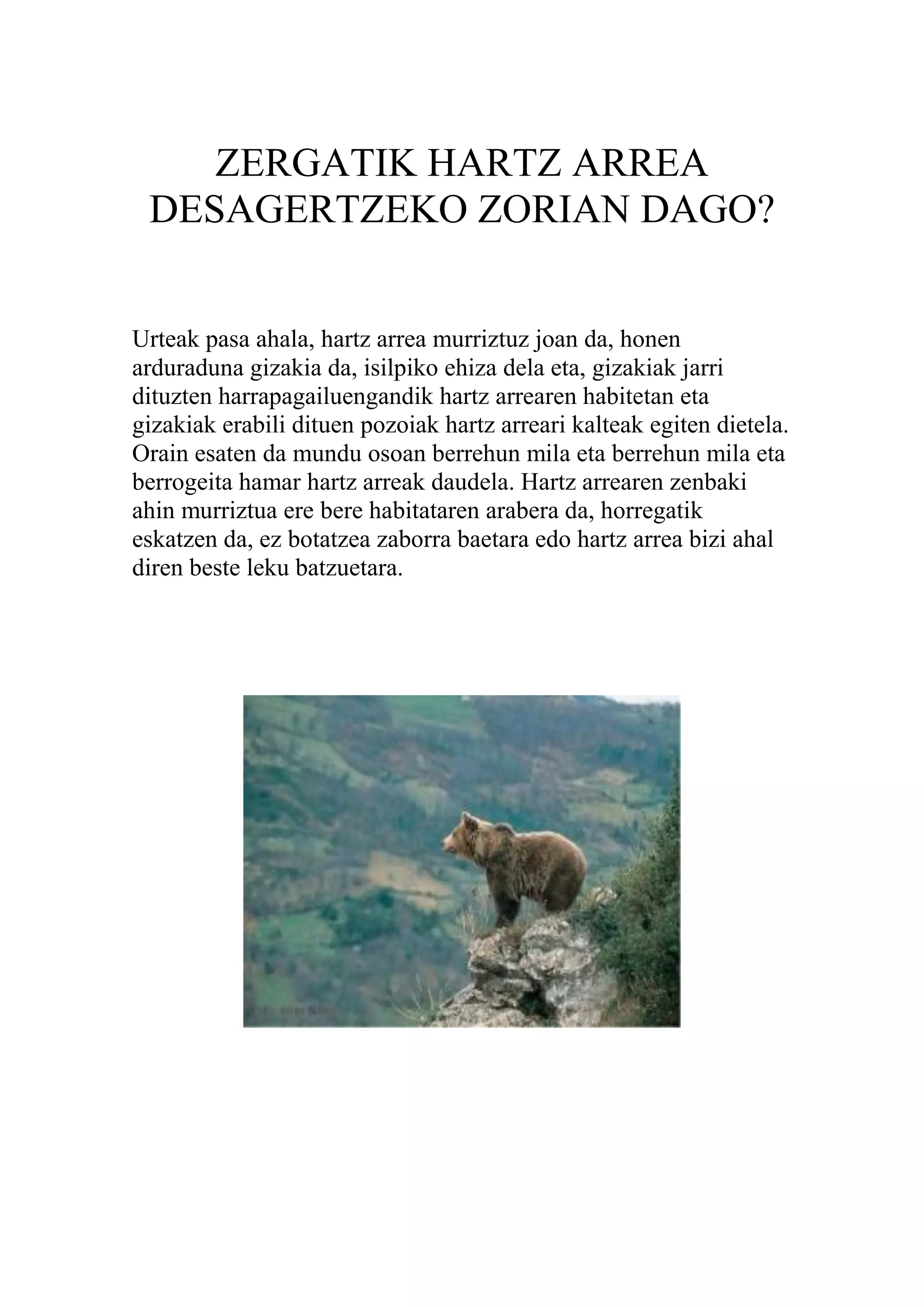 ZERGATIK HARTZ ARREA
DESAGERTZEKO ZORIAN DAGO?
Urteak pasa ahala, hartz arrea murriztuz joan da, honen
arduraduna gizakia da, isilpiko ehiza dela eta, gizakiak jarri
dituzten harrapagailuengandik hartz arrearen habitetan eta
gizakiak erabili dituen pozoiak hartz arreari kalteak egiten dietela.
Orain esaten da mundu osoan berrehun mila eta berrehun mila eta
berrogeita hamar hartz arreak daudela. Hartz arrearen zenbaki
ahin murriztua ere bere habitataren arabera da, horregatik
eskatzen da, ez botatzea zaborra baetara edo hartz arrea bizi ahal
diren beste leku batzuetara.
 