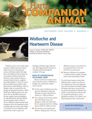 A NEWSLETTER OF PRACTICAL MEDICINE FOR VETERINARY PROFESSIONALS



                                                                          SEPTEMBER 2006 VOLUME 4, NUMBER 3




                                                 Wolbachia and
                                                 Heartworm Disease
                                                 Laura H. Kramer, DVM, PhD, DEVPC
                                                 College of Veterinary Medicine
                                                 University of Parma, Parma, Italy




    Dirofilaria immitis is the causative agent       developing embryonic stages within the            Wolbachia increases its own fitness by
of canine and feline heartworm disease.              uteri. This suggests that the bacterium is        increasing the fitness of the host
Adult worms live in the pulmonary                    vertically transmitted through the                involved in its transmission.
arteries, and females produce first-stage            cytoplasm of the egg.1                        s   Removal of Wolbachia (via antibiotics
larvae (microfilariae), which are taken up                                                             or radiation) leads to sterility of female
by mosquitoes that then transmit the                 ROLE OF WOLBACHIA IN                              worms and eventual death of adults.
infection to other animals. In dogs, an              ITS FILARIAL HOST
untreated infection leads to congestive                 Human research has revealed several        It is still unclear, however, exactly what
heart failure (Figures 1 and 2). D. immitis,         reasons why the presence of Wolbachia is      Wolbachia does to make it so important
like most filarial worms studied to date,            thought to be essential for a filarial        for its filarial host. It has been suggested
harbor bacteria called Wolbachia, which are          worm’s survival:                              that, while the filarial worm likely supplies
thought to play an essential role in the             s                                             the bacteria with amino acids necessary
                                                         In those species of filarial worms that
biology and reproductive functions of their                                                        for growth and replication, Wolbachia may
                                                         have been identified as harboring
filarial hosts. Wolbachia pipientis, the only                                                      produce several important molecules that
                                                         Wolbachia, all of the individuals are
species thus far identified in the genus,                                                          are essential for heartworms, such as
                                                         infected (i.e., 100% prevalence).
are gram-negative bacteria belonging to                                                            glutathione and heme.2 It is indeed a “one
                                                     s   The evolution of the bacteria matches
the order Rickettsiales (just like Ehrlichia                                                       hand washing the other” situation that
spp and Anaplasma spp).1 In adult D.                     that of the filarial worms, and
immitis, Wolbachia is predominantly found                phylogenic studies have shown that
throughout cells in the hypodermis, which                the two organisms have been “walking
is directly under the worm’s cuticle (Figure             hand-in-hand” for millions of years.            ALSO IN THIS ISSUE:
3). In female D. immitis, Wolbachia is also          s   The bacteria are transmitted from               Deworming Demystified............     4
present in the ovaries, oocytes, and                     female to offspring and, in this way,
 
