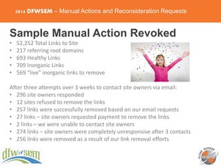 2014 DFWSEM – Manual Actions and Reconsideration Requests
Sample Manual Action Revoked
• 52,252 Total Links to Site
• 217 ...