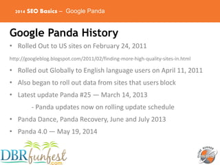2014 SEO Basics – Google Panda
Google Panda History
• Rolled Out to US sites on February 24, 2011
http://googleblog.blogsp...