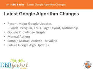 2014 SEO Basics – Latest Google Algorithm Changes
Latest Google Algorithm Changes
• Recent Major Google Updates
- Panda, P...
