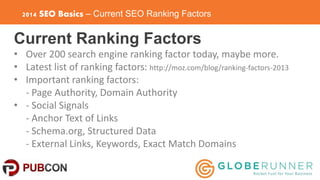 2014 SEO Basics – Current SEO Ranking Factors 
Current Ranking Factors 
• Over 200 search engine ranking factor today, may...