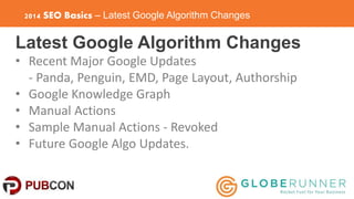2014 SEO Basics – Latest Google Algorithm Changes 
Latest Google Algorithm Changes 
• Recent Major Google Updates 
- Panda...