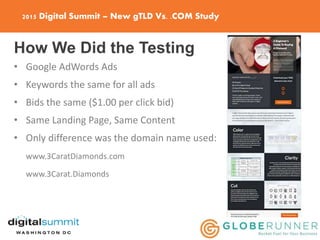 2015 Digital Summit – New gTLD Vs. .COM Study
How We Did the Testing
• Google AdWords Ads
• Keywords the same for all ads
• Bids the same ($1.00 per click bid)
• Same Landing Page, Same Content
• Only difference was the domain name used:
www.3CaratDiamonds.com
www.3Carat.Diamonds
 