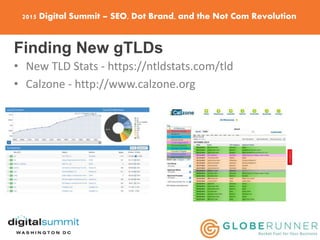 2015 Digital Summit – SEO, Dot Brand, and the Not Com Revolution
Finding New gTLDs
• New TLD Stats - https://ntldstats.com/tld
• Calzone - http://www.calzone.org
 
