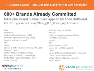 2015 Digital Summit – SEO, Dot Brand, and the Not Com Revolution
600+ Brands Already Committed
600+ plus brand leaders have applied for their dotBrand
List: http://icannwiki.com/New_gTLD_Brand_Applications
AAA
Accenture
Australian Football League (.AFL)
American International Group (.AIG)
Google (.android, .chrome)
AOL
Apple
Council of Better Business Bureaus, Inc. (.BBB)
Microsoft (.azure)
Bentley Motors Limited (.bentley)
Bloomberg IP Holdings (.bloomberg)
Bristol-Myers Squibb Company (.bms)
Canon (.canon)
Delta Air Lines, Inc. (.delta)
Amazon
Federal Express Corporation (.fedex)
Ford Motor Company
Hitachi
IBM
Nissan Motor Co., LTD.
Jaguar Cars Limited (.jaguar)
Toyota
Marriott Worldwide Corporation (.marriott)
Oracle Corporation (.oracle)
Vistaprint Limited (.vista, .vistaprint)
Xerox (.xerox)
 