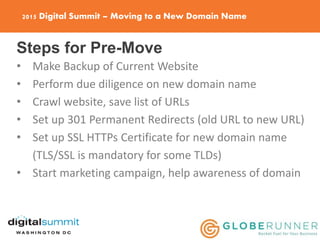 2015 Digital Summit – Moving to a New Domain Name
Steps for Pre-Move
• Make Backup of Current Website
• Perform due diligence on new domain name
• Crawl website, save list of URLs
• Set up 301 Permanent Redirects (old URL to new URL)
• Set up SSL HTTPs Certificate for new domain name
(TLS/SSL is mandatory for some TLDs)
• Start marketing campaign, help awareness of domain
 