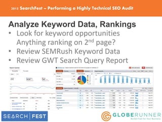 2015 SearchFest – Performing a Highly Technical SEO Audit
Analyze Keyword Data, Rankings
• Look for keyword opportunities
...