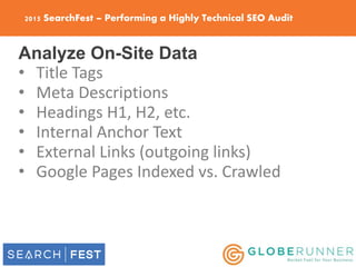 2015 SearchFest – Performing a Highly Technical SEO Audit
Analyze On-Site Data
• Title Tags
• Meta Descriptions
• Headings...