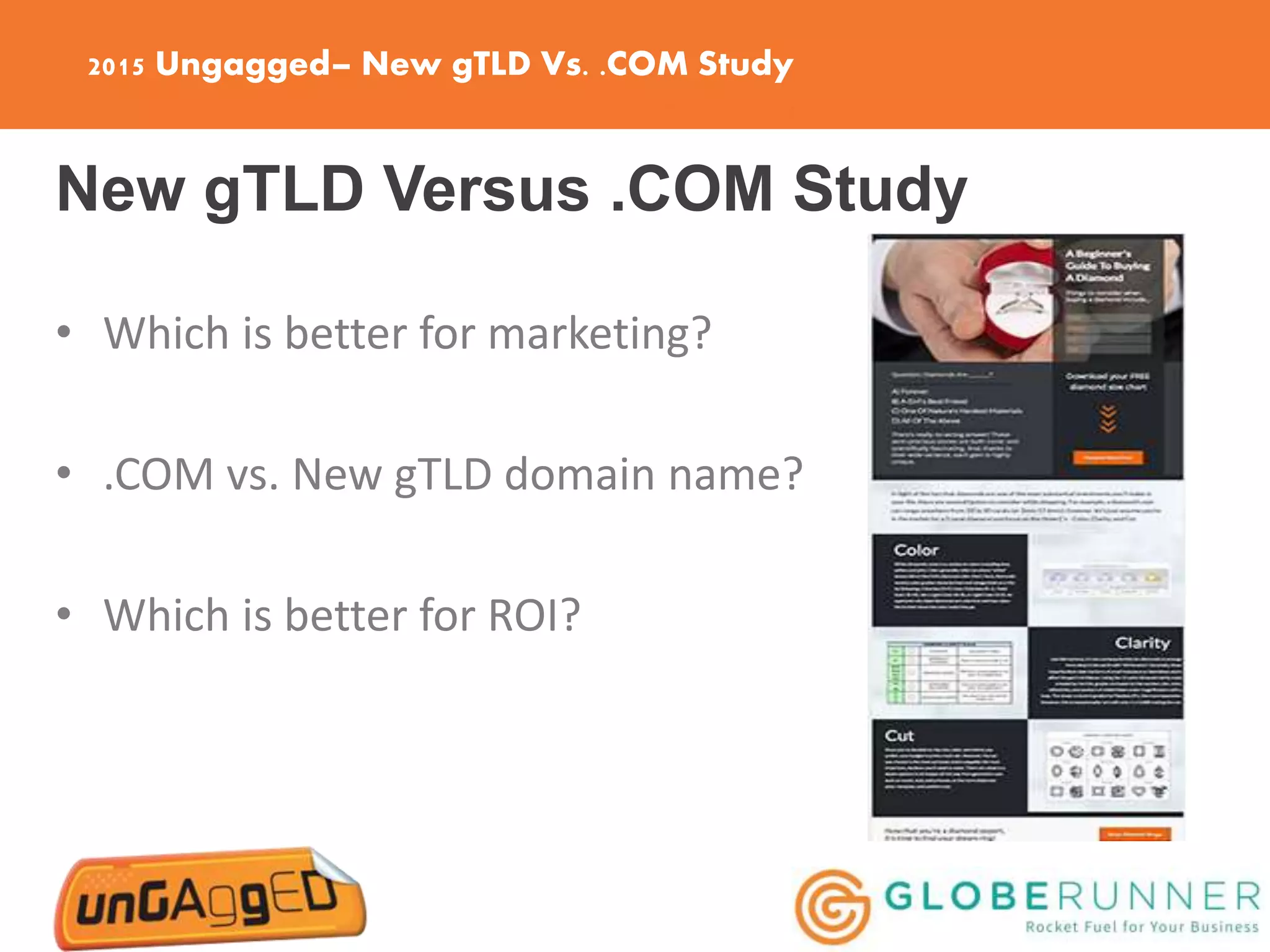 2015 Ungagged– New gTLD Vs. .COM Study
New gTLD Versus .COM Study
• Which is better for marketing?
• .COM vs. New gTLD domain name?
• Which is better for ROI?
 