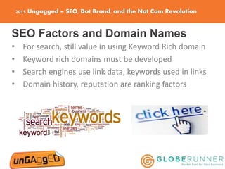 2015 Ungagged – SEO, Dot Brand, and the Not Com Revolution
SEO Factors and Domain Names
• For search, still value in using...