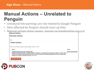 Algo Chaos – Manual Actions
Manual Actions – Unrelated to
Penguin
• Unnatural link warnings are not related to Google Penguin
• Sites affected by Penguin should clean up links
• Manual actions more severe, require reconsideration request
 