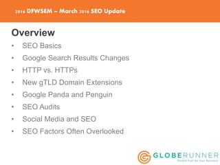 2016 DFWSEM – March 2016 SEO Update
Overview
• SEO Basics
• Google Search Results Changes
• HTTP vs. HTTPs
• New gTLD Doma...