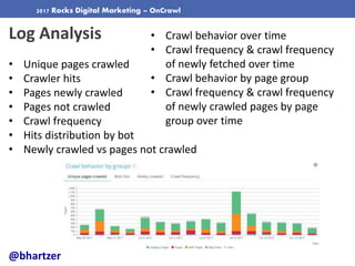 2017 Rocks Digital Marketing – OnCrawl
Log Analysis
• Unique pages crawled
• Crawler hits
• Pages newly crawled
• Pages no...