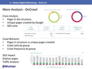 2017 Rocks Digital Marketing – OnCrawl
More Analysis - OnCrawl
Cross Analysis
• Pages in the structure
• Unique pages craw...