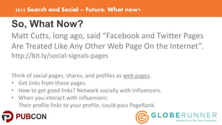 2015 Search and Social – Future: What now?
So, What Now?
Matt Cutts, long ago, said “Facebook and Twitter Pages
Are Treate...