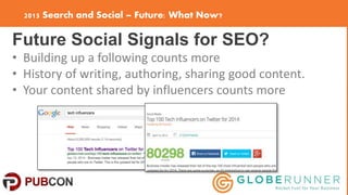 2015 Search and Social – Future: What Now?
Future Social Signals for SEO?
• Building up a following counts more
• History ...