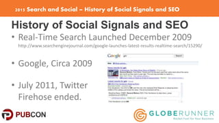 2015 Search and Social – History of Social Signals and SEO
History of Social Signals and SEO
• Real-Time Search Launched D...