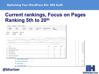 Optimizing Your WordPress Site: SEO Audit
Current rankings, Focus on Pages
Ranking 5th to 20th
@bhartzer
 