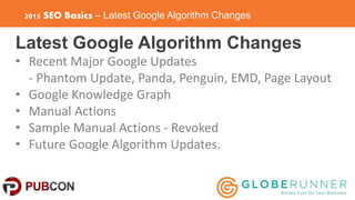 2015 SEO Basics – Latest Google Algorithm Changes
Latest Google Algorithm Changes
• Recent Major Google Updates
- Phantom ...