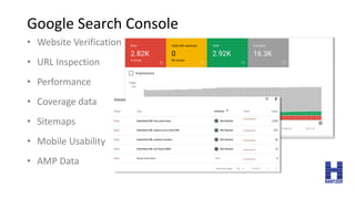 Google Search Console
• Website Verification
• URL Inspection
• Performance
• Coverage data
• Sitemaps
• Mobile Usability
...