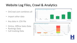 Website Log Files, Crawl & Analytics
• OnCrawl.com combines all
• Import other data
• Any data in .CSV file
• Online, Offl...
