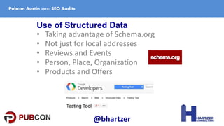 Use of Structured Data
• Taking advantage of Schema.org
• Not just for local addresses
• Reviews and Events
• Person, Plac...