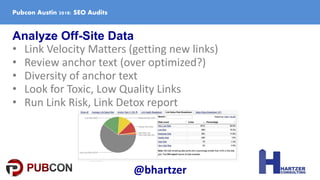 Analyze Off-Site Data
• Link Velocity Matters (getting new links)
• Review anchor text (over optimized?)
• Diversity of an...
