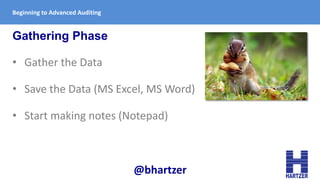 Gathering Phase
• Gather the Data
• Save the Data (MS Excel, MS Word)
• Start making notes (Notepad)
Beginning to Advanced...
