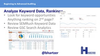 Analyze Keyword Data, Rankings
• Look for keyword opportunities
Anything ranking on 2nd page?
• Review SEMRush Keyword Dat...