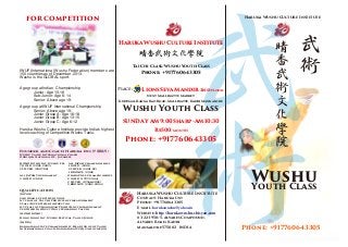 Founder and Coach: Haruka Ito( 伊藤晴香 )
Wushu Taolu International Coach
Origin & Nationality: Japanese
HONG KONG Int. Wushu Fes.
7 GOLD (2005-2009)
2 SILVER (2007,08)
QUALIFICATION
[JAPAN]
2nd Grade Certified Judge
1st class of Tai Chi Proficiency Measurement
Class (B) Certified Instructor
1st Class of Changquan Proficiency Measurement
Certified Instructor of Spreading Tai Chi
[HONGKONG]
Hong Kong Int. Wushu Festival -Taolu Judge
[INDIA]
Karnataka State Championship -Head Judge of Taolu
International Coach, Karnataka Wushu Association
All JAPAN Tournament
3 GOLD (2002)
All JAPAN Championships
1 GOLD (2001)
2 SILVER (2001-02)
1 BRONZE (2001)
OSAKA Pref. Championships
5 GOLD (1997-2004)
2 SILVER (1996&2005)
3 BRONZE (2002-2004)
Phone: +917760643305
Haruka Wushu Culture Institute
Wushu
Youth Class
Haruka Wushu Culture Institute
Contact: Haruka Ito
Phone: +917760643305
E-mail: harukawushu@yahoo.in
Website: http://harukawushu.shisyou.com
#3-22-1950/5, Alvares Compound,
Alvares Road, Kadri
Mangalore 575002 INDIA
Place: Lions Seva Mandir 2nd Floor
Next Mallikatte Market
Kudumal Ranga Rao Road, Mallikatte, Kadri Mangalore
Wushu Youth Class
SUNDAY AM9:00Sharp-AM10:30
Rs500/month
Phone: +917760643305
Haruka Wushu Culture Institute
Tai Chi Class/Wushu Youth Class
Phone: +917760643305
IWUF(International Wushu Federation) members are
150 countries as of December, 2013.
Wushu is the GLOBAL sport.
Age group at Indian Championship
Junior: Age 15-18
Sub-Junior: Age 6-14
Senior: Above age 19-
Age group at IWUF International Championship
Senior: Above age 19-
Junior Group A: Age 16-18
Junior Group B: Age 13-15
Junior Group C: Age 6-12
Haruka Wushu Culture Institute provide India's highest
level coaching of Competitive Wushu Taolu.
for competition
 