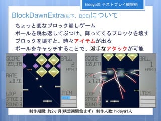 BlockDawnExtra(以下、BDE)について
ちょっと変なブロック崩しゲーム
ボールを跳ね返してぶつけ、降ってくるブロックを壊す
ブロックを壊すと、時々アイテムが出る
ボールをキャッチすることで、派手なアタックが可能
制作期間: 約2ヶ月(構想期間含まず) 制作人数: hideya1人
hideya流 テストプレイ観察術
 