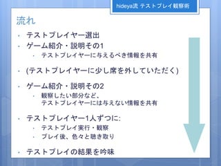 流れ
• テストプレイヤー選出
• ゲーム紹介・説明その1
• テストプレイヤーに与えるべき情報を共有
• (テストプレイヤーに少し席を外していただく)
• ゲーム紹介・説明その2
• 観察したい部分など、
テストプレイヤーには与えない情報を共有
• テストプレイヤー1人ずつに:
• テストプレイ実行・観察
• プレイ後、色々と聴き取り
• テストプレイの結果を吟味
hideya流 テストプレイ観察術
 