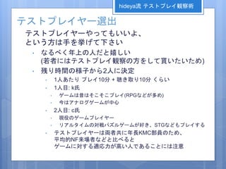 テストプレイヤー選出
テストプレイヤーやってもいいよ、
という方は手を挙げて下さい
• なるべく年上の人だと嬉しい
(若者にはテストプレイ観察の方をして貰いたいため)
• 残り時間の様子から2人に決定
• 1人あたり プレイ10分 + 聴き取り10分 くらい
• 1人目: k氏
• ゲームは昔はそこそこプレイ(RPGなどが多め)
• 今はアナログゲームが中心
• 2人目: c氏
• 現役のゲームプレイヤー
• リアルタイムの対戦パズルゲームが好き、STGなどもプレイする
• テストプレイヤーは両者共に年長KMC部員のため、
平均的NF来場者などと比べると
ゲームに対する適応力が高い人であることには注意
hideya流 テストプレイ観察術
 