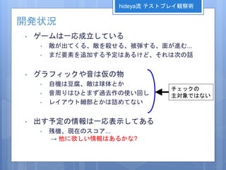 開発状況
• ゲームは一応成立している
• 敵が出てくる、敵を殺せる、被弾する、面が進む...
• まだ要素を追加する予定はあるけど、それは次の話
• グラフィックや音は仮の物
• 自機は豆腐、敵は球体とか
• 音周りはひとまず過去作の使い回し
• レイアウト細部とかは詰めてない
• 出す予定の情報は一応表示してある
• 残機、現在のスコア...
→ 他に欲しい情報はあるかな?
チェックの
主対象ではない
hideya流 テストプレイ観察術
 