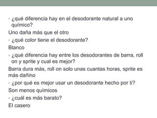 • ¿qué diferencia hay en el desodorante natural a uno
químico?
Uno daña más que el otro
• ¿qué color tiene el desodorante?
Blanco
• ¿qué diferencia hay entre los desodorantes de barra, roll
on y sprite y cual es mejor?
Barra dura más, roll on solo unas cuantas horas, sprite es
más dañino
• ¿por qué es mejor usar un desodorante hecho por ti?
Son menos químicos
• ¿cuál es más barato?
El casero
 