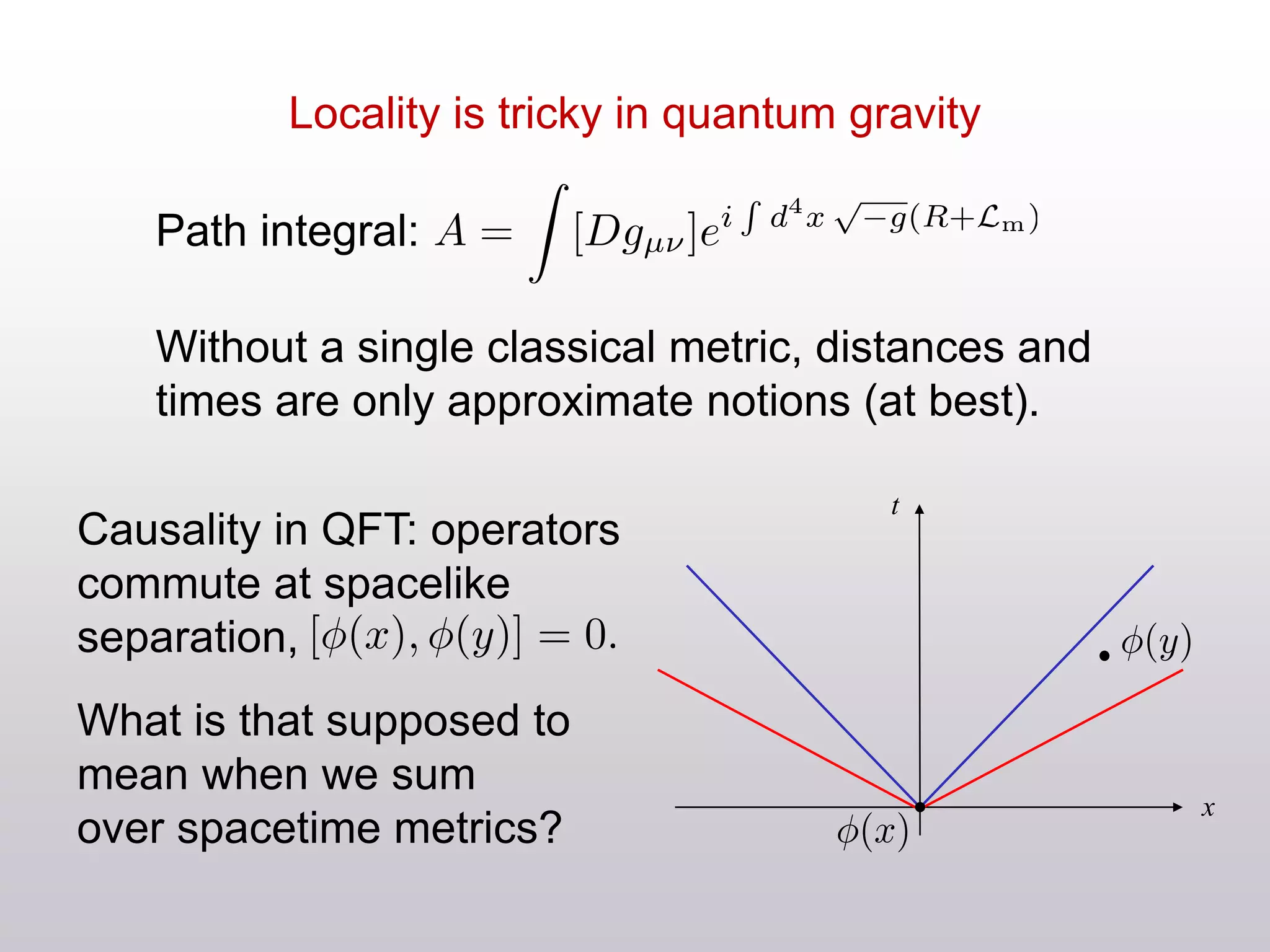 Causality in QFT: operators
commute at spacelike
separation,
What is that supposed to
mean when we sum
over spacetime metrics?
x
t
Path integral:
Without a single classical metric, distances and
times are only approximate notions (at best).
Locality is tricky in quantum gravity
 