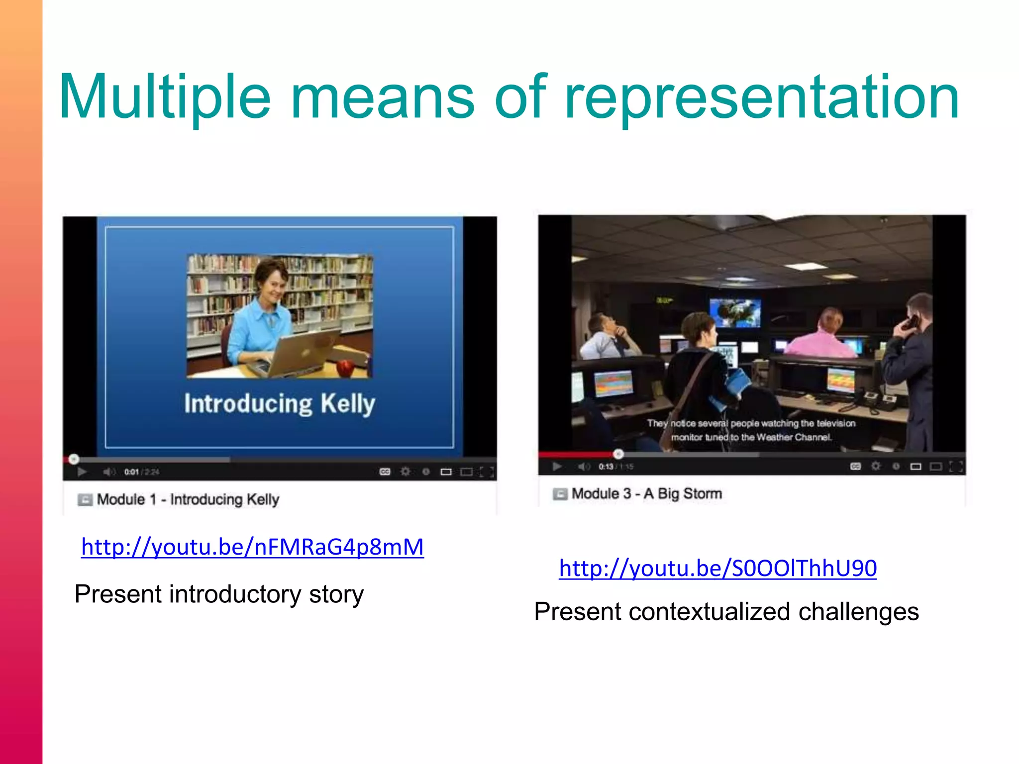 http://youtu.be/nFMRaG4p8mM
http://youtu.be/S0OOlThhU90
Present introductory story
Present contextualized challenges
Multiple means of representation
 