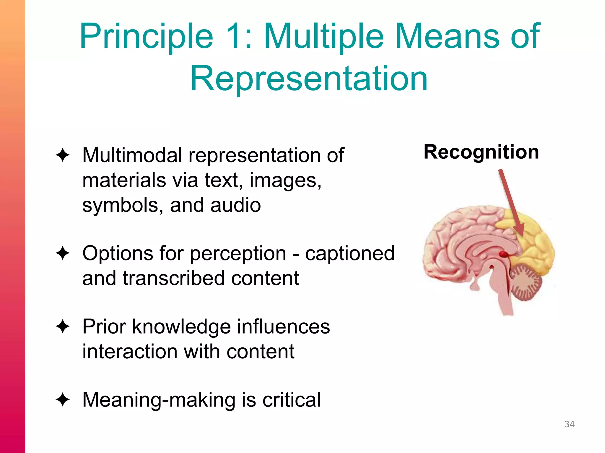 Principle 1: Multiple Means of
Representation
✦ Multimodal representation of
materials via text, images,
symbols, and audio
✦ Options for perception - captioned
and transcribed content
✦ Prior knowledge influences
interaction with content
✦ Meaning-making is critical
34
Recognition
 