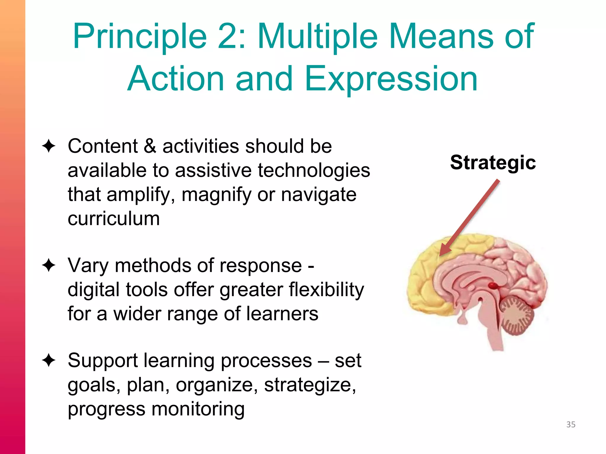 Principle 2: Multiple Means of
Action and Expression
✦ Content & activities should be
available to assistive technologies
that amplify, magnify or navigate
curriculum
✦ Vary methods of response -
digital tools offer greater flexibility
for a wider range of learners
✦ Support learning processes – set
goals, plan, organize, strategize,
progress monitoring
35
Strategic
 