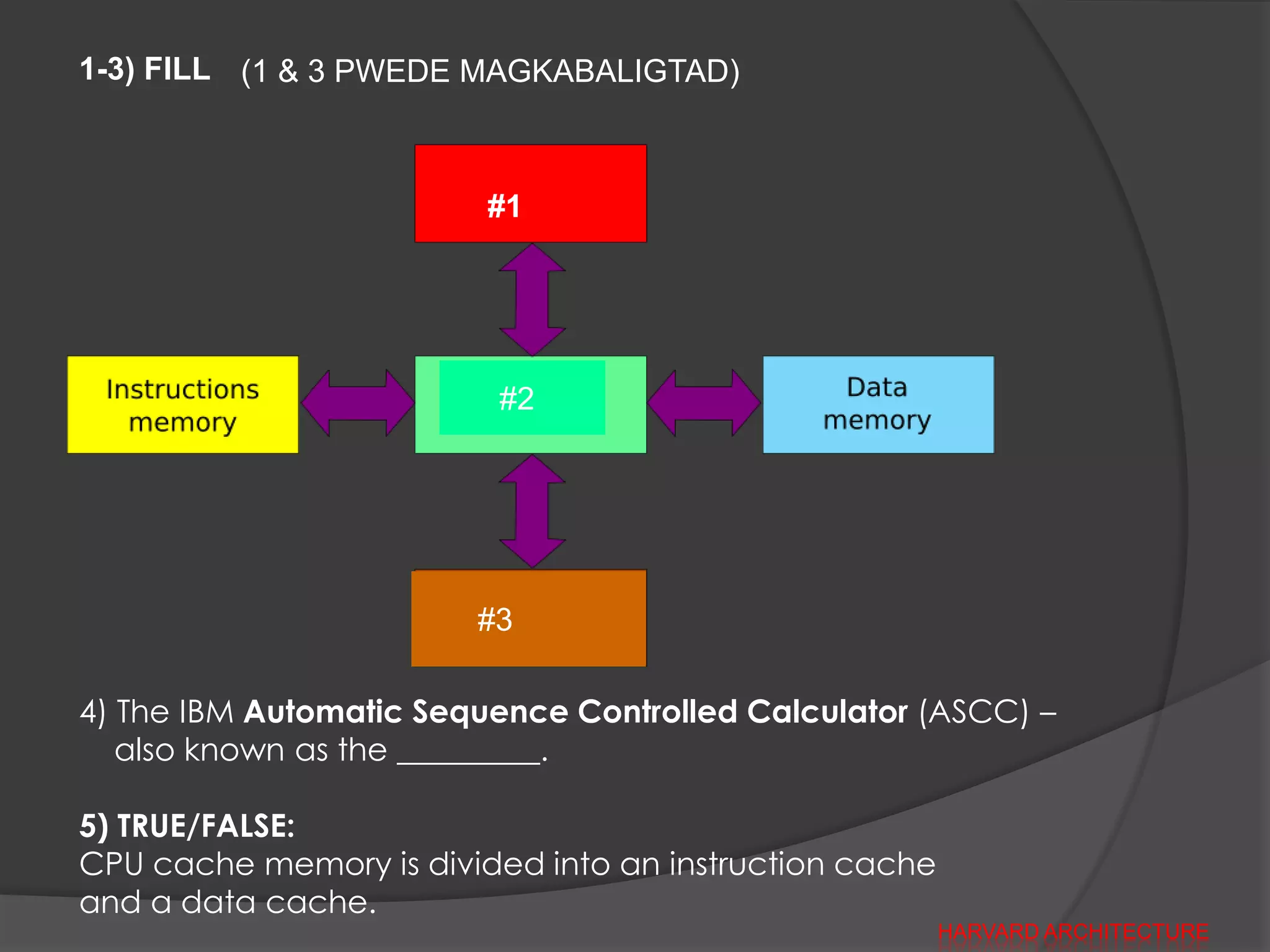 1-3) FILL (1 & 3 PWEDE MAGKABALIGTAD)



                         #1




                         #2




                        #3

4) The IBM Automatic Sequence Controlled Calculator (ASCC) –
   also known as the _________.

5) TRUE/FALSE:
CPU cache memory is divided into an instruction cache
and a data cache.
                                                        HARVARD ARCHITECTURE
 