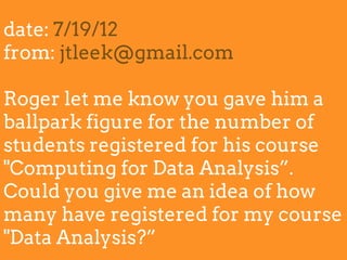 date: 7/19/12
from: jtleek@gmail.com
Roger let me know you gave him a
ballpark figure for the number of
students registered for his course
"Computing for Data Analysis”.
Could you give me an idea of how
many have registered for my course
"Data Analysis?”
 