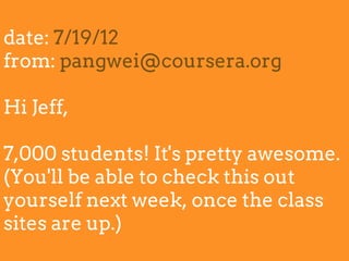 date: 7/19/12
from: pangwei@coursera.org
Hi Jeff,
7,000 students! It's pretty awesome.
(You'll be able to check this out
yourself next week, once the class
sites are up.)
 