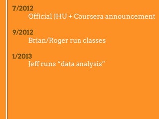 7/2012
Official JHU + Coursera announcement
9/2012
Brian/Roger run classes
1/2013
Jeff runs “data analysis”
 