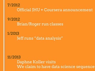7/2012
Official JHU + Coursera announcement
9/2012
Brian/Roger run classes
1/2013
Jeff runs “data analysis”
11/2013
Daphne Koller visits
We claim to have data science sequence
 